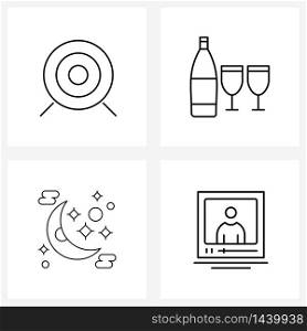 Universal Symbols of 4 Modern Line Icons of bulls eye, weather, drink, drinks, video Vector Illustration