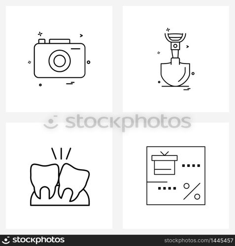 Universal Symbols of 4 Modern Line Icons of camera, dental, photograph, labour, gum Vector Illustration