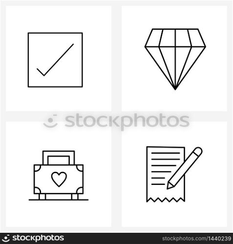 Universal Symbols of 4 Modern Line Icons of check, bag, box, gem, valentine Vector Illustration