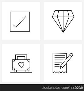 Universal Symbols of 4 Modern Line Icons of check, bag, box, gem, valentine Vector Illustration