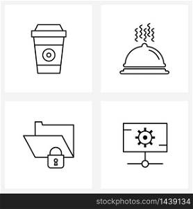 Universal Symbols of 4 Modern Line Icons of coffee, directory, food dish, protected folder, network Vector Illustration