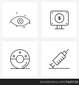 Universal Symbols of 4 Modern Line Icons of eye, syringe, dollar, cookie, health Vector Illustration