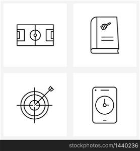 Universal Symbols of 4 Modern Line Icons of football ground, target, recipe book, kitchen, clock Vector Illustration