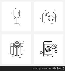 Universal Symbols of 4 Modern Line Icons of glass; gift box; food; photography; gift box Vector Illustration