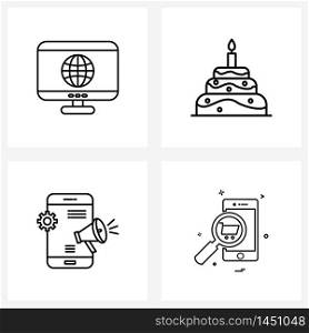 Universal Symbols of 4 Modern Line Icons of globe, setting, cake, food, mobile Vector Illustration