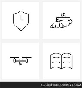 Universal Symbols of 4 Modern Line Icons of protection, camera, time, coffee, camcorder Vector Illustration
