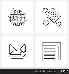 Universal Symbols of 4 Modern Line Icons of world, love, world, heart, romantic Vector Illustration