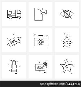 Universal Symbols of 9 Modern Line Icons of aid, discount, phone, shopping, tag Vector Illustration
