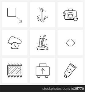Universal Symbols of 9 Modern Line Icons of arrow, drink, data, glass, cloud connection speed Vector Illustration