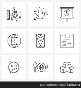 Universal Symbols of 9 Modern Line Icons of box, location, pie, map pointer, internet Vector Illustration