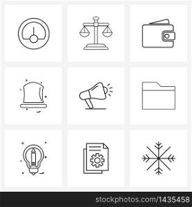 Universal Symbols of 9 Modern Line Icons of business, laud, wallet, speaker, hat Vector Illustration