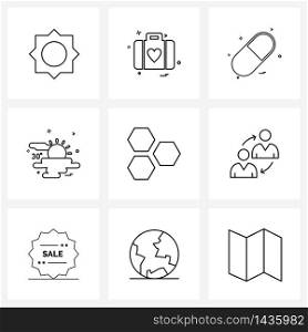 Universal Symbols of 9 Modern Line Icons of cells, shells, medicine, sunny, weather Vector Illustration