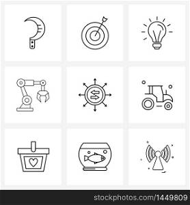 Universal Symbols of 9 Modern Line Icons of circle, left arrow, bulb, direction, robotic arm Vector Illustration
