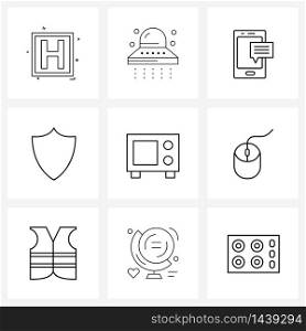Universal Symbols of 9 Modern Line Icons of communication, microwave, text message, food, security Vector Illustration