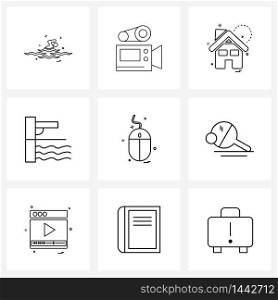 Universal Symbols of 9 Modern Line Icons of computer, mouse, house, swim, springboard Vector Illustration