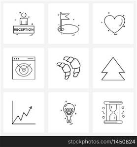 Universal Symbols of 9 Modern Line Icons of eat, croissant, heart, view, browser Vector Illustration