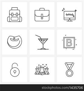 Universal Symbols of 9 Modern Line Icons of glass, wine, computer, drink, meal Vector Illustration