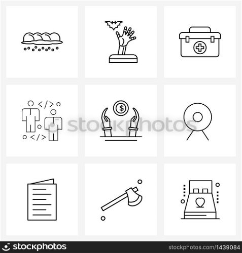 Universal Symbols of 9 Modern Line Icons of hands, coin, health, money, team Vector Illustration