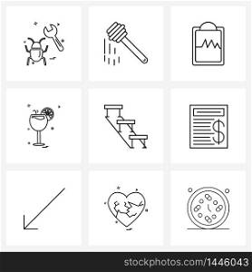 Universal Symbols of 9 Modern Line Icons of healthy, jump, lab, activities, glass Vector Illustration