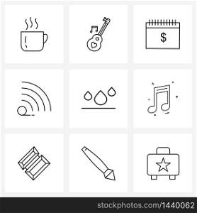 Universal Symbols of 9 Modern Line Icons of media, drop, dollar, water, internet Vector Illustration