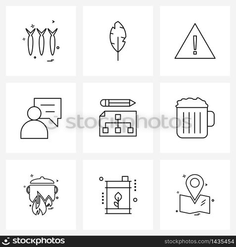 Universal Symbols of 9 Modern Line Icons of project, flow diagram, quill, chat, user Vector Illustration