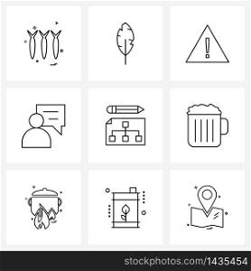 Universal Symbols of 9 Modern Line Icons of project, flow diagram, quill, chat, user Vector Illustration