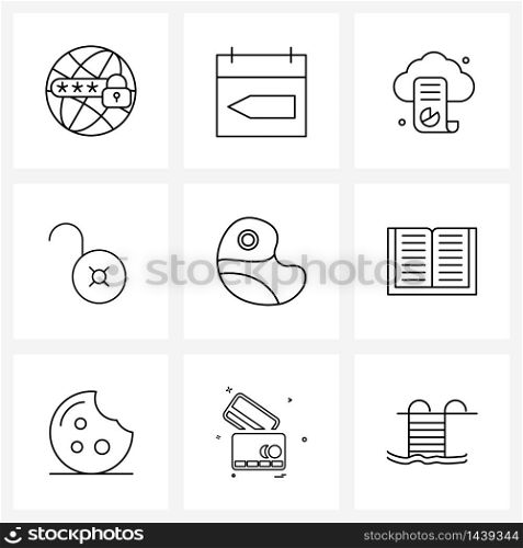Universal Symbols of 9 Modern Line Icons of read, meal, cloud data reporting, food, unlock Vector Illustration