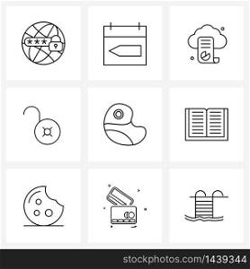 Universal Symbols of 9 Modern Line Icons of read, meal, cloud data reporting, food, unlock Vector Illustration
