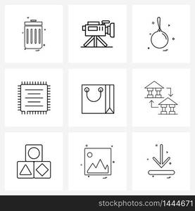 Universal Symbols of 9 Modern Line Icons of store, bag, tag, technology, chip Vector Illustration