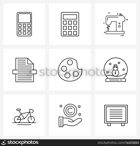 Universal Symbols of 9 Modern Line Icons of tray, paint tray, sewing, inspect, check Vector Illustration