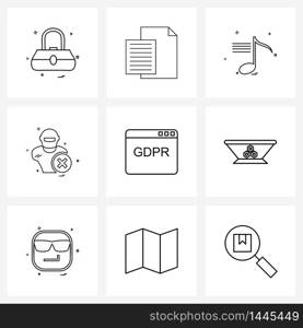 Universal Symbols of 9 Modern Line Icons of website, gdpr web security, sound, sports, games Vector Illustration