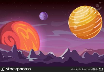 Universe background. Cartoon space, planets in cosmos. Game location, mars or mystic world vector illustration. Location galaxy, cosmos universe cartoon. Universe background. Cartoon space, planets in cosmos. Game location, mars or mystic world vector illustration