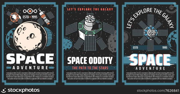 Universe galaxy outer space posters, planets and astronaut spaceship rocket, vector. Galaxy universe explorers of Moon, Saturn and Jupiter, cosmic station and satellites with asteroids in outer space. Universe galaxy outer space posters, planets