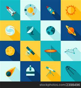 Universe space symbols satellite rocket planet and constellation flat color long shadows icon set isolated vector illustration . Space Universe Long Shadows Icon Set