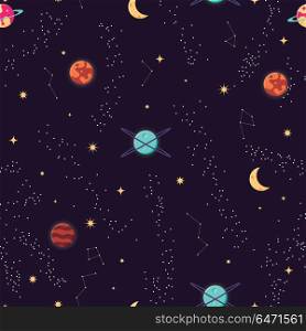 Universe with planets and stars seamless pattern, cosmos starry . Universe with planets and stars seamless pattern, cosmos starry night sky, vector illustration