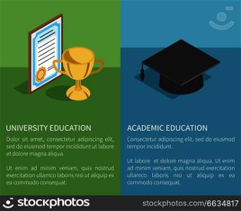 University and academic education template vector illustration. Golden trophy prize near paper award and black student hat above text. University Academic Education Vector Illustration