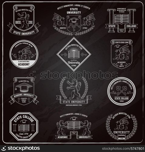 University and college heraldic emblems and labels chalkboard set isolated vector illustration