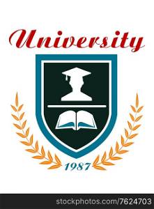 University badge or emblem with a laurel wreath around a shield enclosing a graduate and book and the text - University - above. University badge or emblem