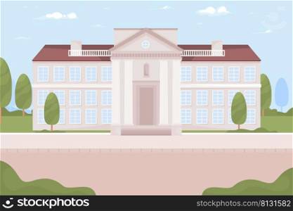 University building with classic columns flat color vector illustration. Vintage collage c&us for students. Fully editable 2D simple cartoon landscape with summer park on background. University building with classic columns flat color vector illustration
