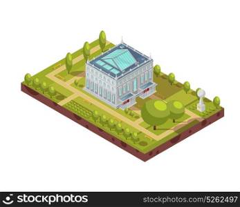 University Building With Park Isometric Layout. Isometric layout of classic university building with glass roof, green park and monument 3d vector illustration