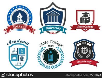 University, college and academy heraldic emblems with shields, buildings, wreaths, ribbons and education elements