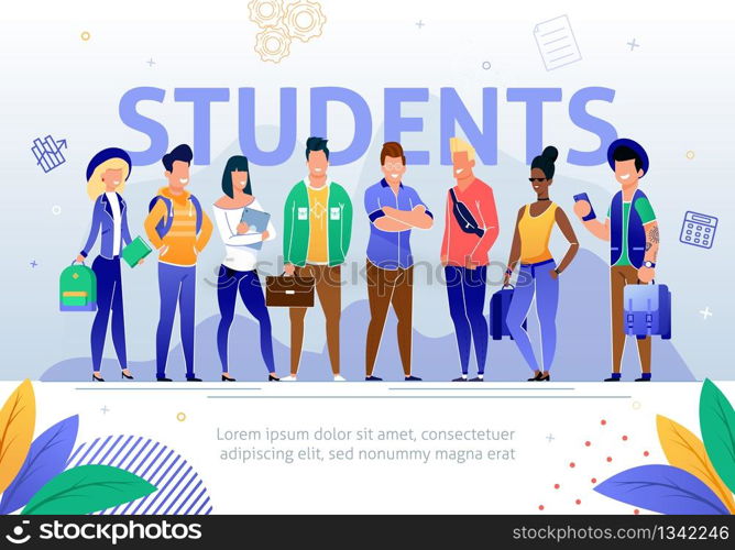 University, College Students Flat Vector Banner Template. Group of Happy Smiling Multinational Female and Male Young People, Wearing Casual Clothing Standing in Row with Books in Hand Illustration