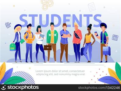 University, College Students Flat Vector Banner Template. Group of Happy Smiling Multinational Female and Male Young People, Wearing Casual Clothing Standing in Row with Books in Hand Illustration
