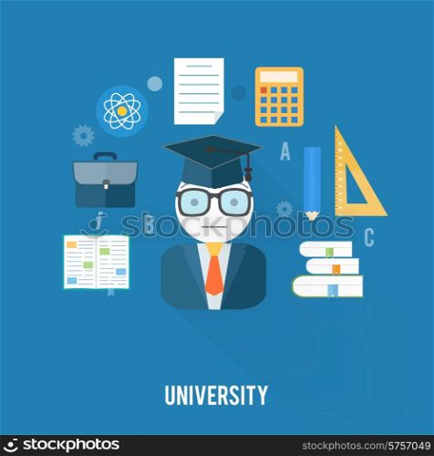 University concept with item icons. Student with briefcase and book, document, ruler, pencil and calculator in flat design style