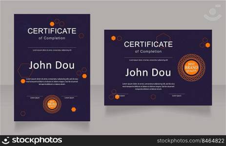 University course completion certificate design template set. Vector diploma with customized copyspace and borders. Printable document for awards and recognition. Arial, Calibri Regular fonts used. University course completion certificate design template set