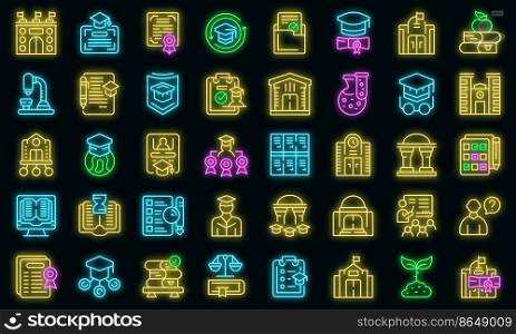 University department icons set outline vector. Student campus. Learner examination. University department icons set vector neon