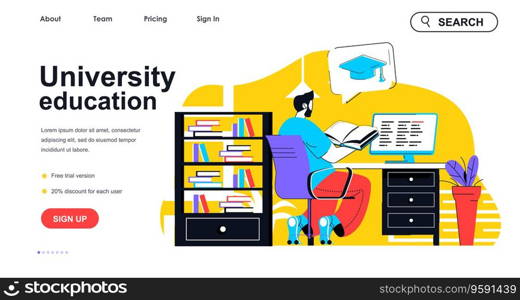 University education concept for landing page template. Man reads book, preparing for final exams. Graduation and diploma people scene. Vector illustration with flat character design for web banner