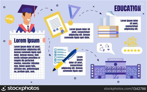 University Education Flat Vector Infographics or Scheme, Informational Poster Template with Sample Text Blocks, Arrows and Happy Male Student in Graduation Hat and Cape Holding Banner Illustration