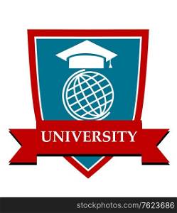 University emblem with a mortarboard cap over a globe enclosed in a shield with a ribbon banner and the text University
