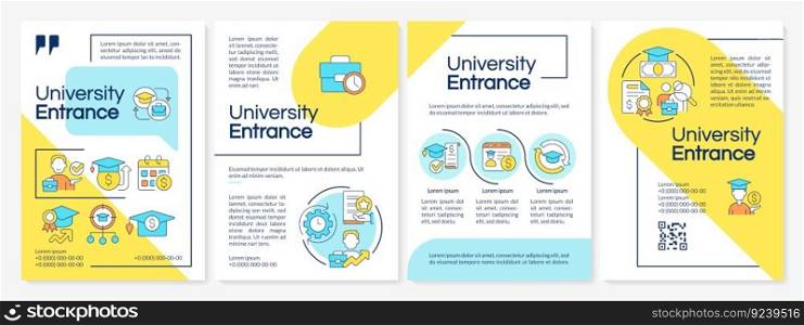 University entrance blue and yellow brochure template. College exam. Leaflet design with linear icons. Editable 4 vector layouts for presentation, annual reports. Questrial, Lato-Regular fonts used. University entrance blue and yellow brochure template